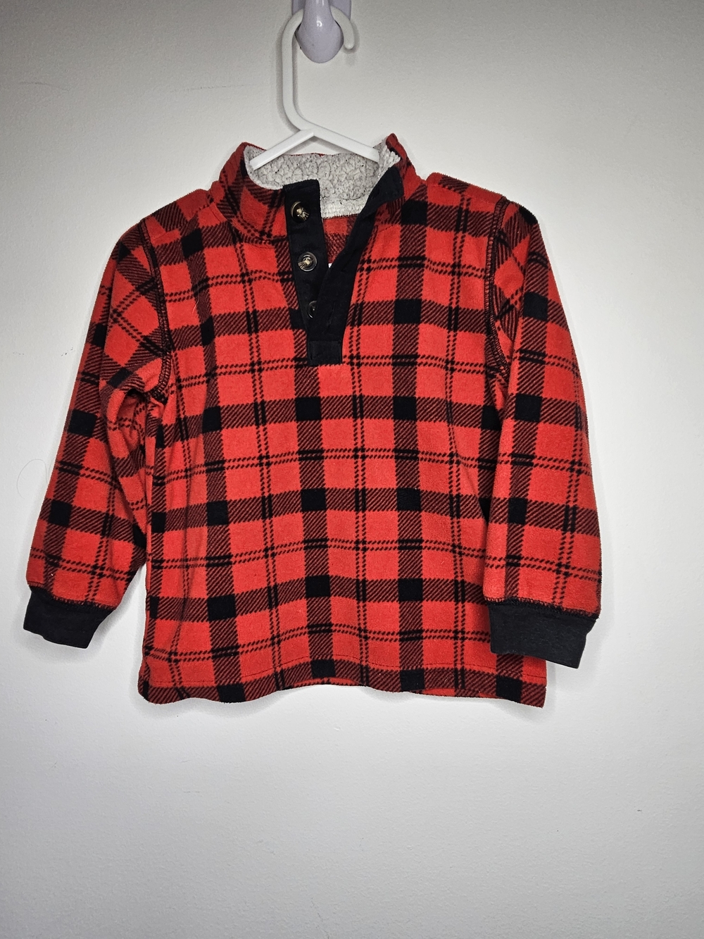 Carter's Boys Red Black Buffalo Plaid Fleece Pullover Sherpa Collar Size 3T🩷